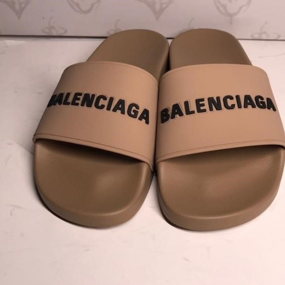 New Authentic 🔥 Balenciaga Rubber Logo Slides | Designer Poolside Chic 🔥